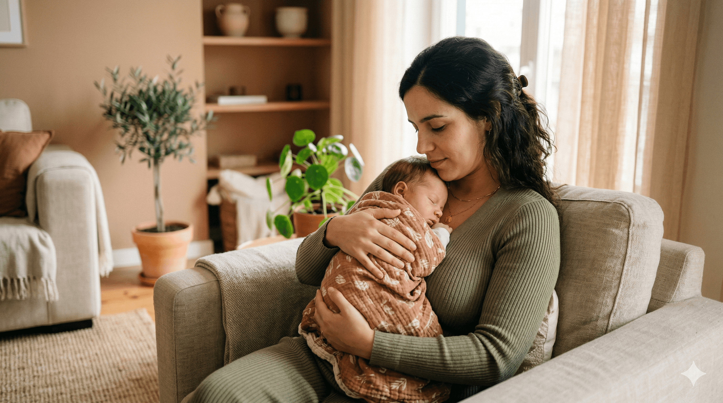 Pai ou mãe com bebé ao colo num momento calmo e acolhedor.