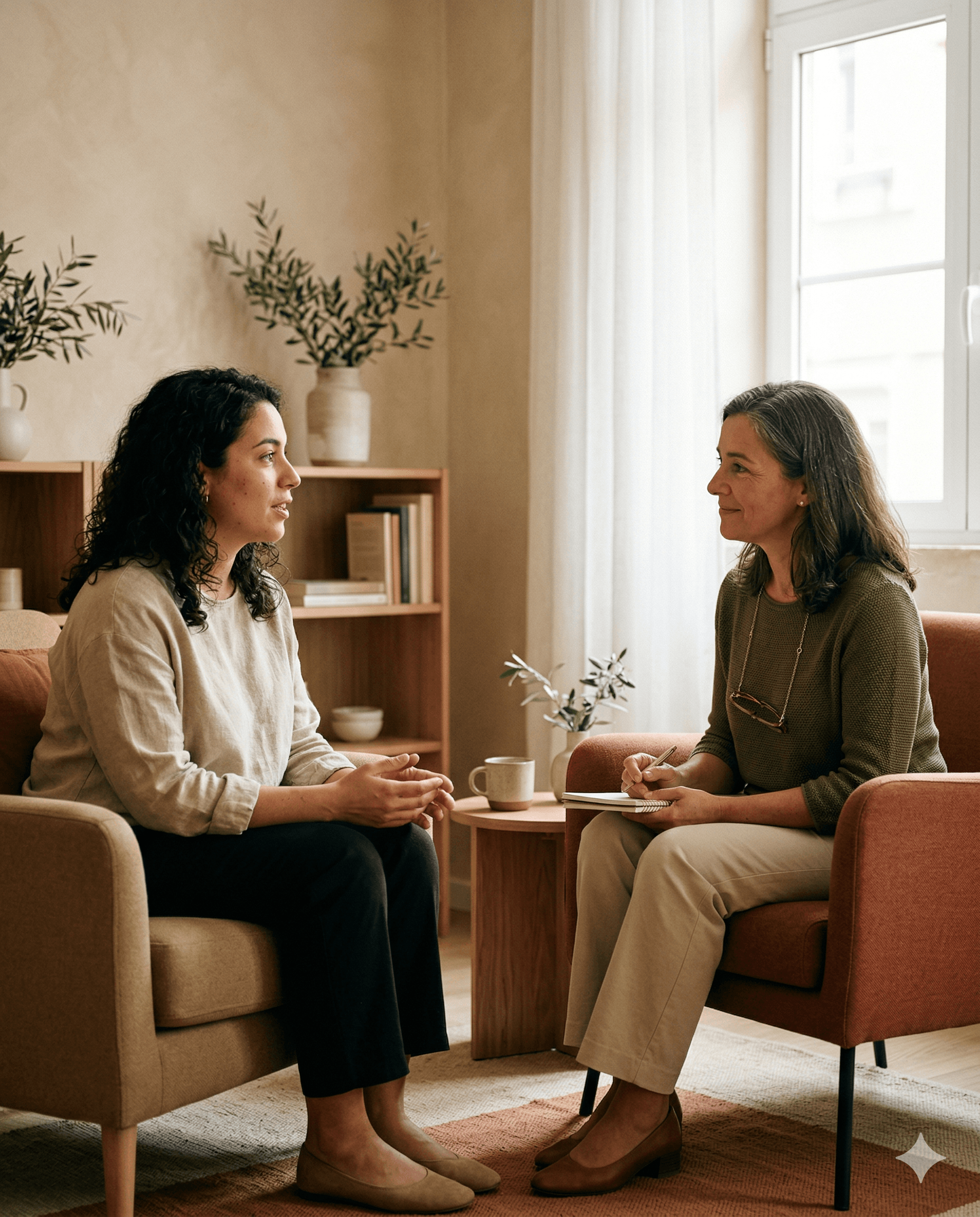 Consulta psicológica do adulto em ambiente clínico calmo.